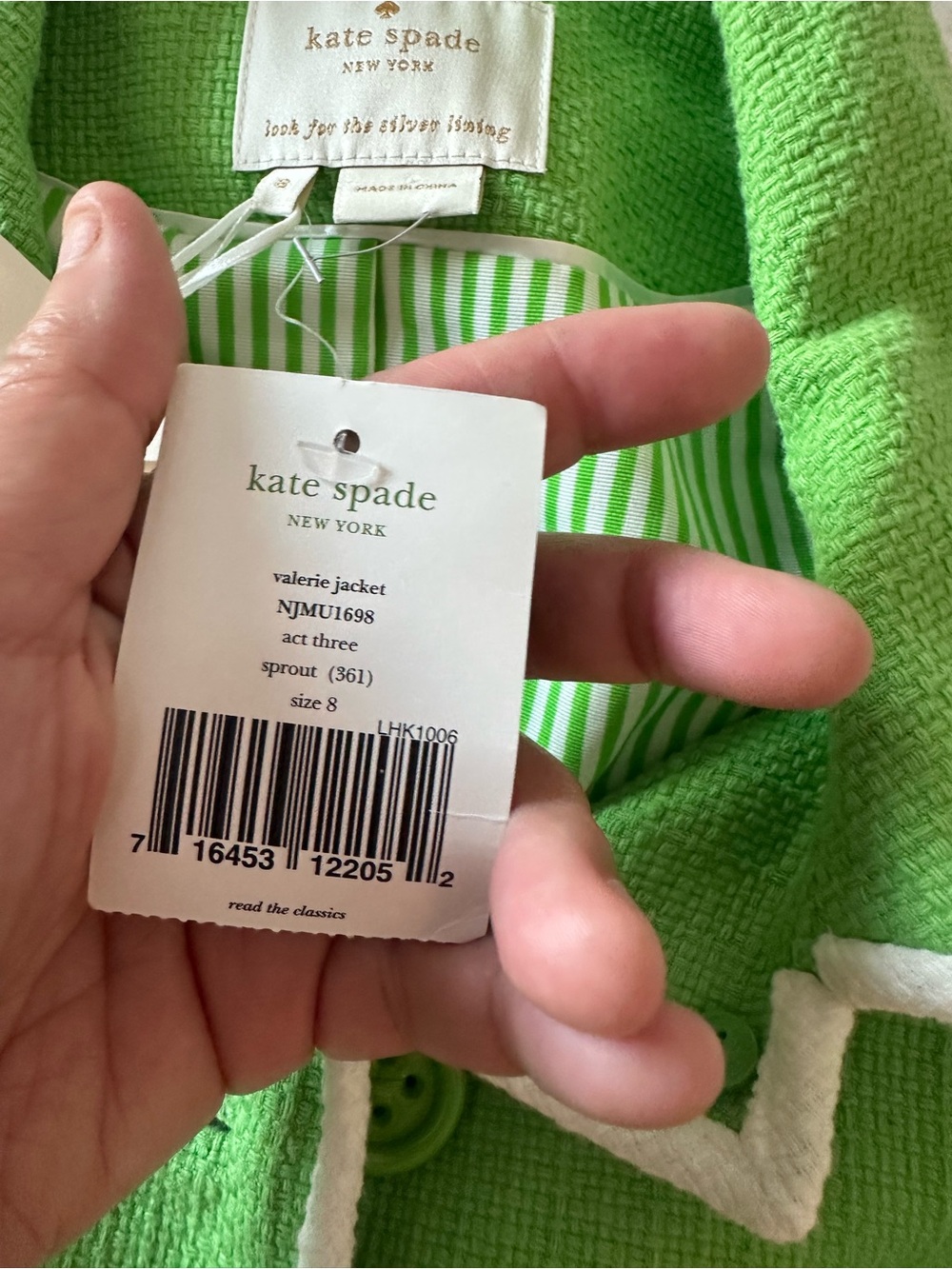 kate spade Bright Lime Green Bouclé Cropped Jacket with White Trim - Picture 6 of 12
